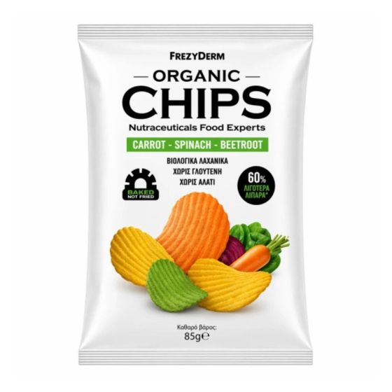 Frezyderm Organic Chips Carrot-Spinach-Beetroot 85.gr - Βιολογικά πατατάκια με 60% λιγότερα λιπαρά