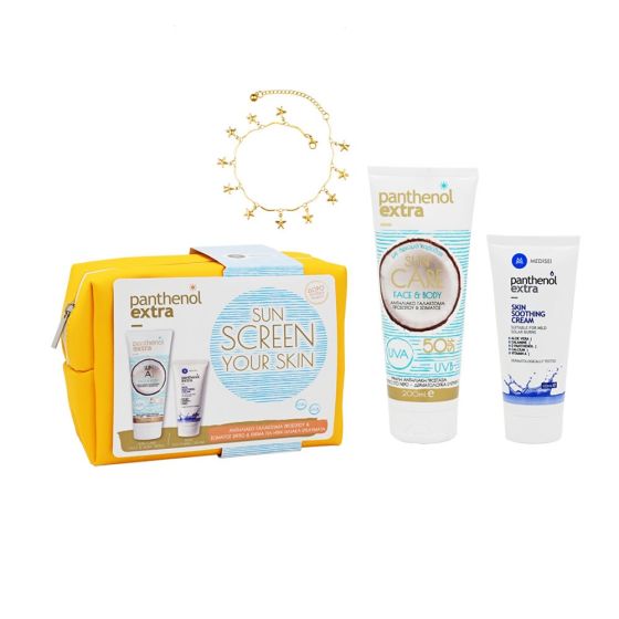 Medisei Panthenol extra Sun Care Face & Body Milk SPF50 & Skin Soothing Cream & foot bracelet promo pack 200/100ml - Αντηλιακό γαλάκτωμα για πρόσωπο-σώμα SPF50 και κρέμα για ήπια ηλιακά ή θερμικά εγκαύματα& δώρο αλυσίδα ποδιού
