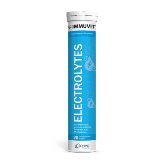 Leriva Immuvit Electrolytes 20. Effer.tbs - Συμπλήρωμα διατροφής που περιέχει μίγμα ηλεκτρολυτών για ενυδάτωση και τόνωση του οργανισμού