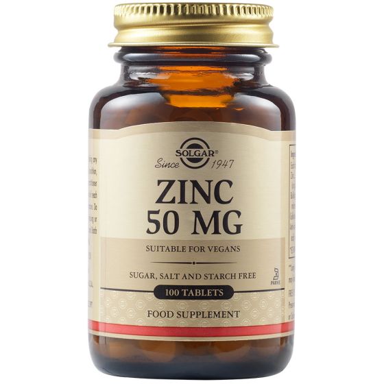 Solgar Zinc 50mg 100tbs - περιέχει 50 mg ψευδάργυρο, ένα βασικό μεταλλικό στοιχεί