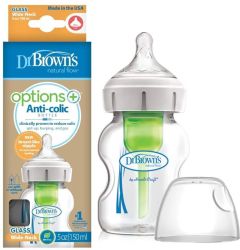 Dr. Brown's Options+ Anti-colic Glass baby bottle 150ml (WB 51700) - Wide Neck Glass Baby Bottle with Silicone Nipple