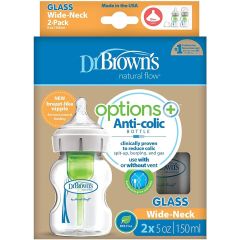 Dr. Brown's Anti colic Options+ baby bottle (1+1) 150x2ml - Γυάλινο Μπιμπερό με Φαρδύ Λαιμό με Θηλή Σιλικόνης, 2x150ml