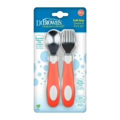 Dr. Brown's Soft grip Spoon & Fork set 12m+ 1.set - σετ πιρούνι και κουτάλι κοραλλί μεταλλικά