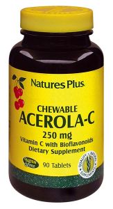 Nature's Plus Acerola-C 250mg chewable 90tabs - Κάθε μασώμενη, υποαλλεργική ταμπλέτα περιέχει 250 mg βιταμίνης C 