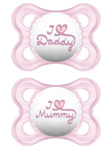 MAM I Love Mummy&Daddy Orthod.Soothers (0-6m)(Girls) Silicone 1pair - Ορθοδοντική Και Φιλική Προς Το Δερματάκι Του Μωρού