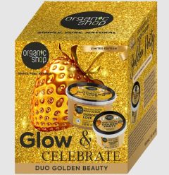 Organic Shop Glow & Celebrate Golden Shine Body Scrub 250ml & Shimmering Body Cream 100ml - Λάμψη, Απαλότητα & Γιορτινή Φροντίδα